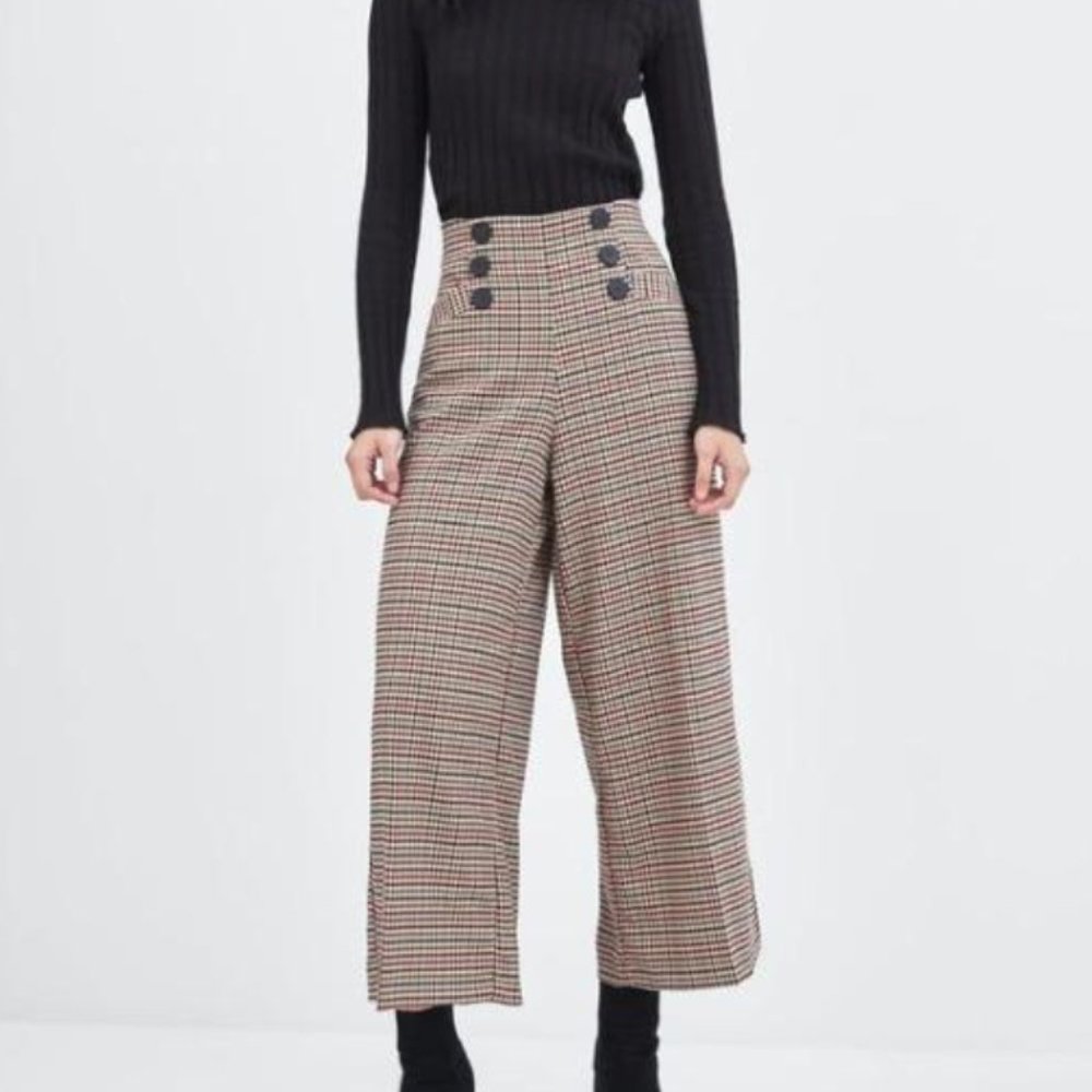 Zara high waisted plaid button front wide leg pants